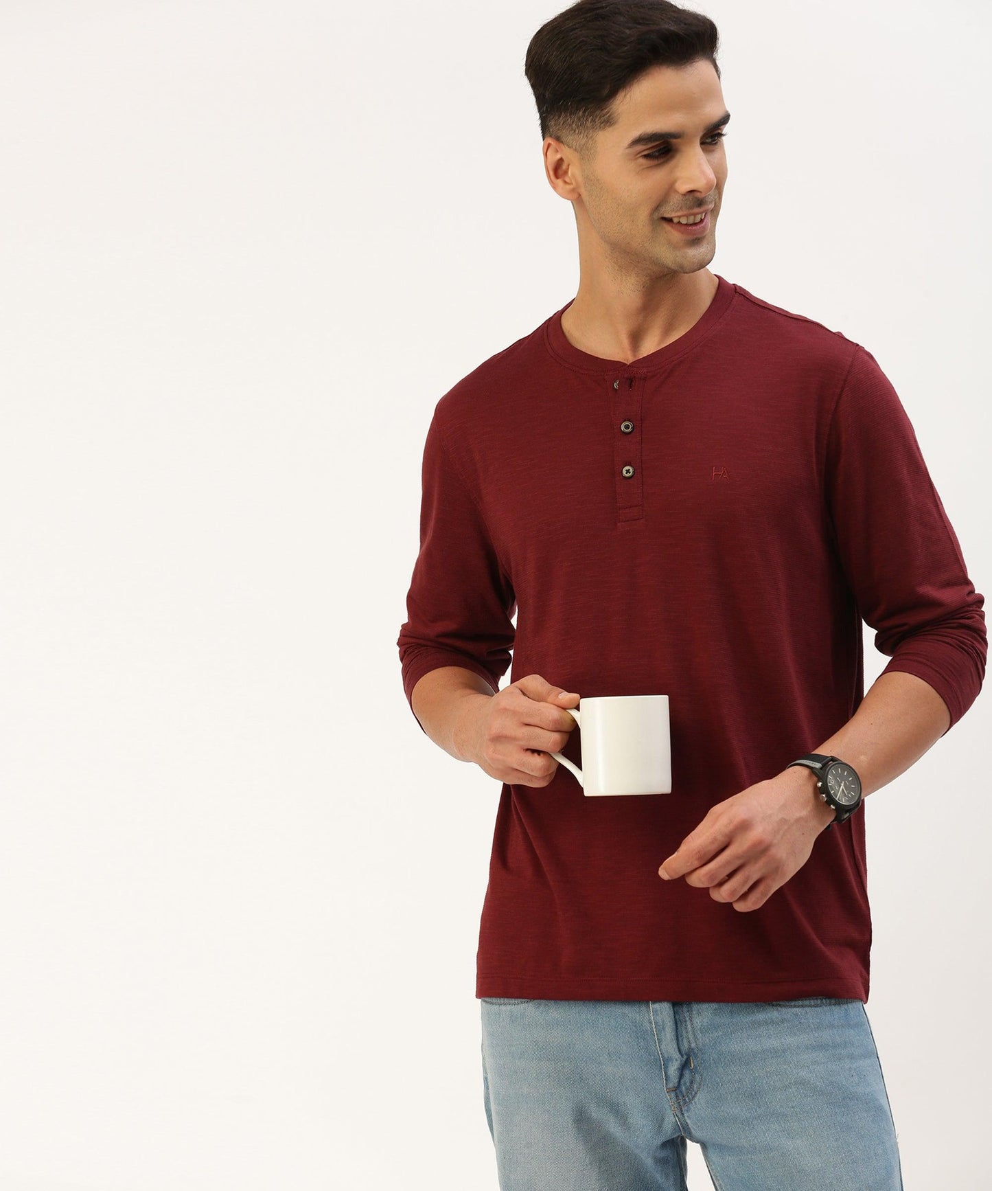 Men's solid henley neck t-shirt - HEREAFTER