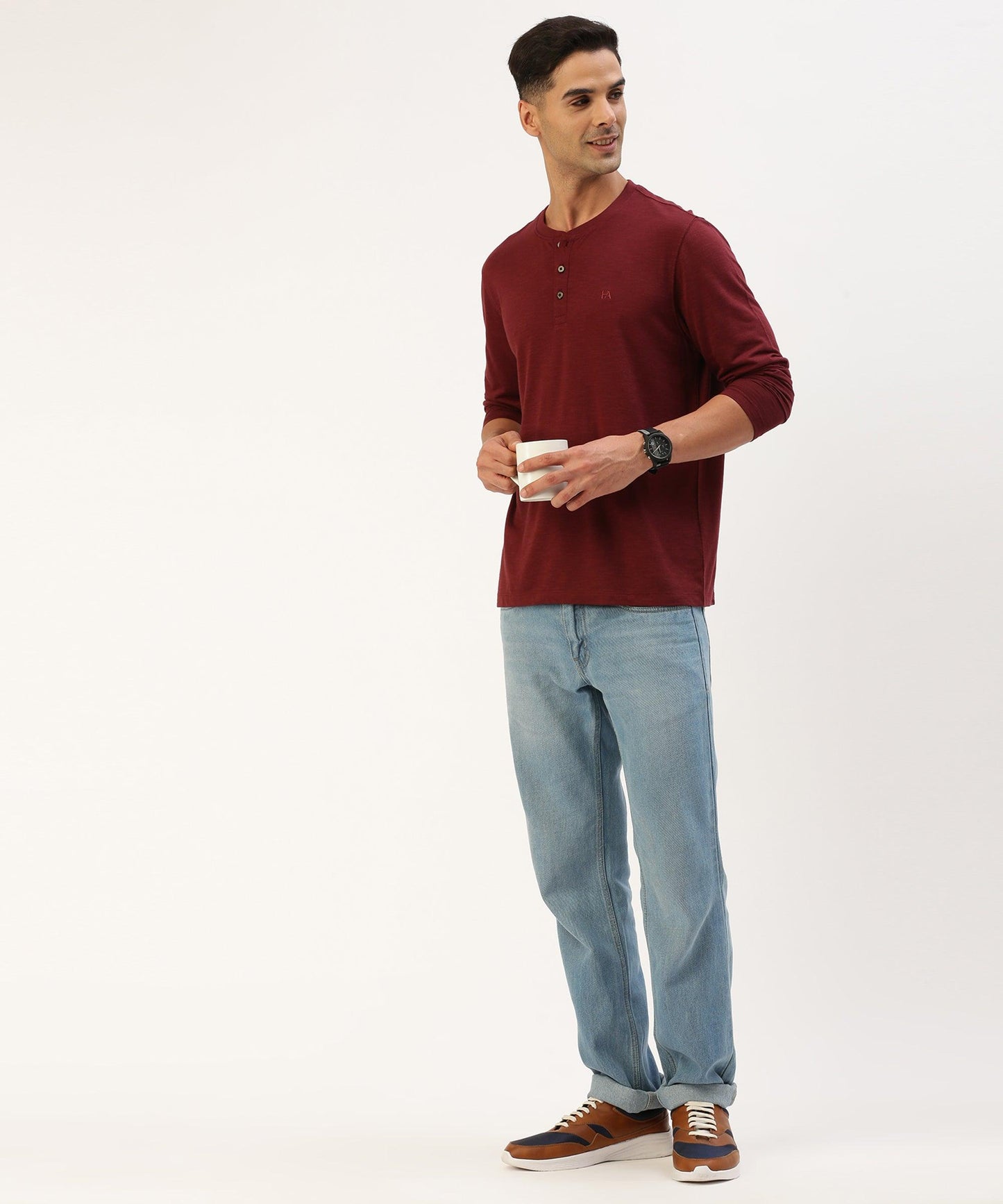 Men's solid henley neck t-shirt - HEREAFTER 