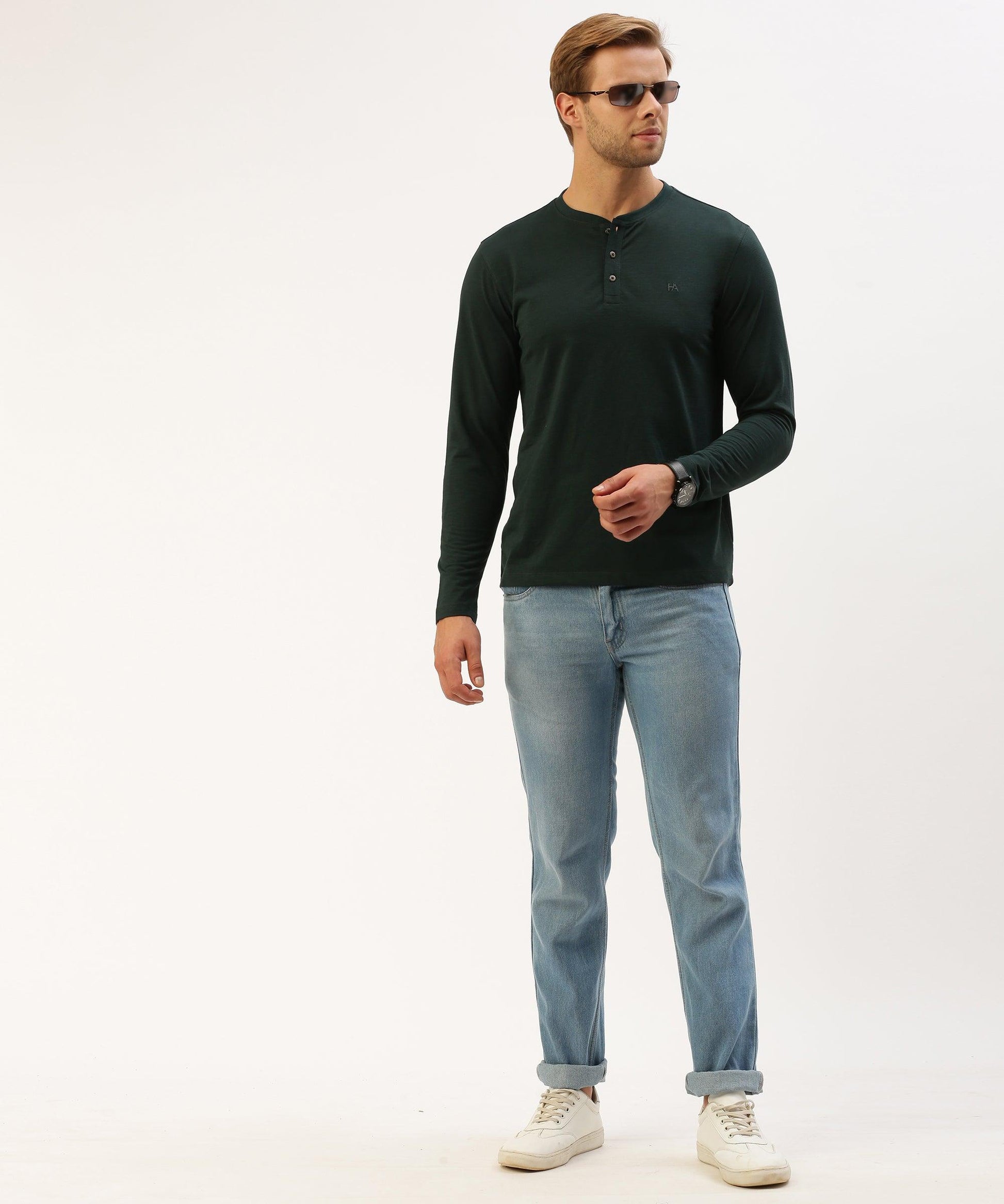 Men's solid henley neck t-shirt - HEREAFTER 